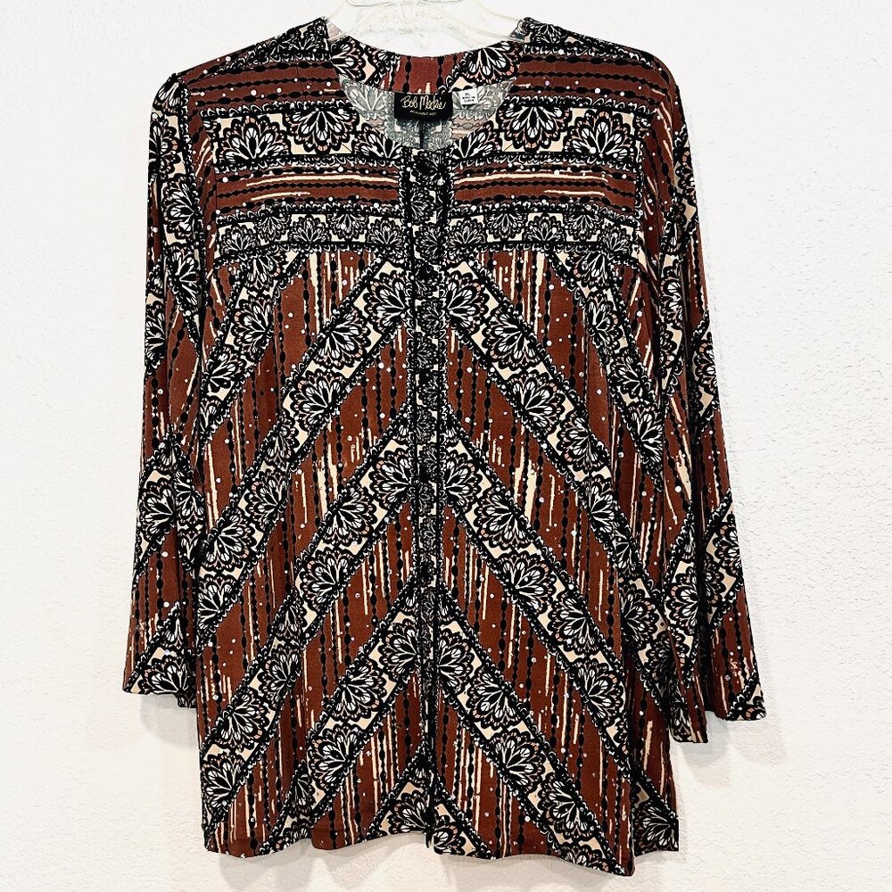 Bob Mackie Wearable Art Button Front Stretch Top Sequins MultiColor EUC Size XL
